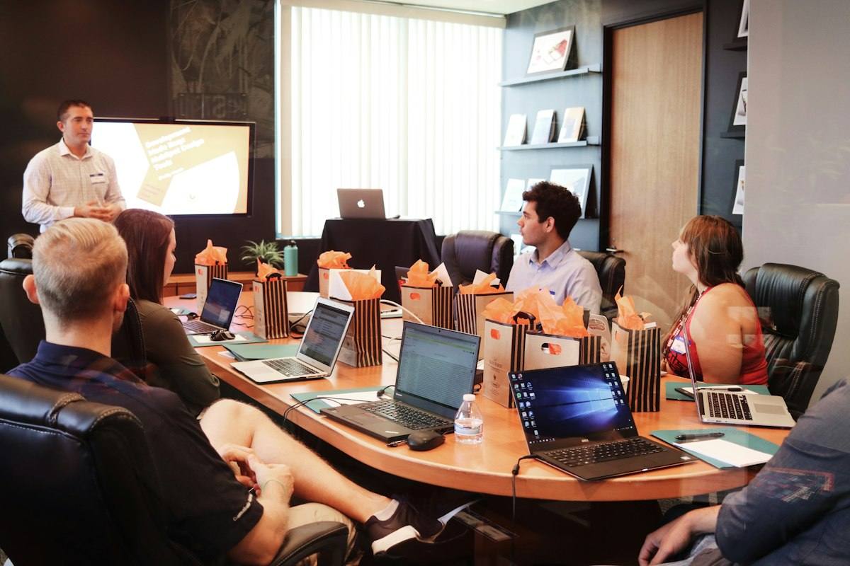 Our team in a case briefing around a meeting table